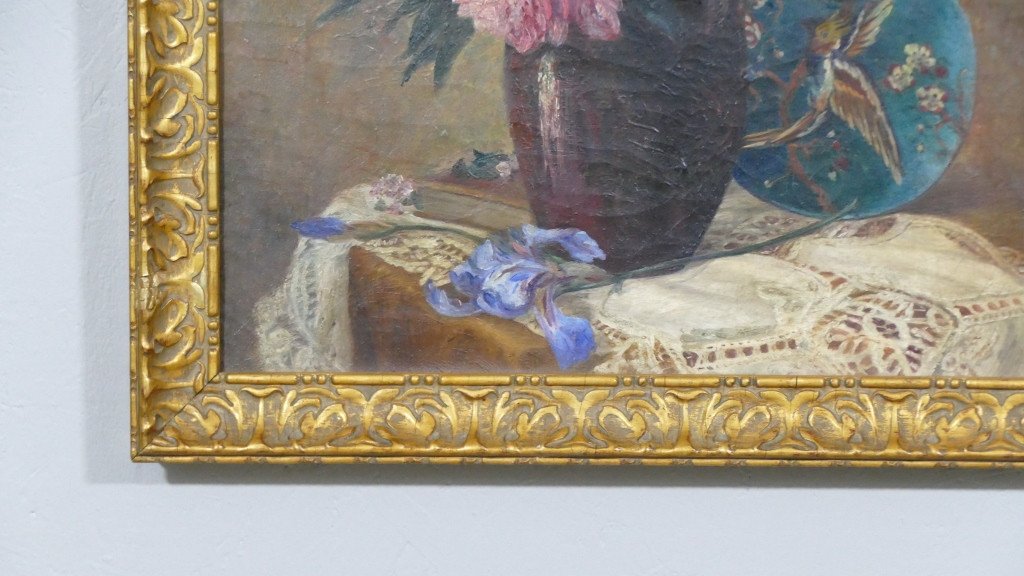 Painting, Bouquet Of Peony, Iris On Entablature And Théodore Deck Dish, 19th Century-photo-4