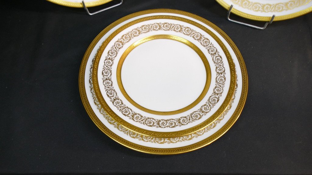 Gold Inlay, 6 Large Limoges Porcelain Table Plates-photo-3