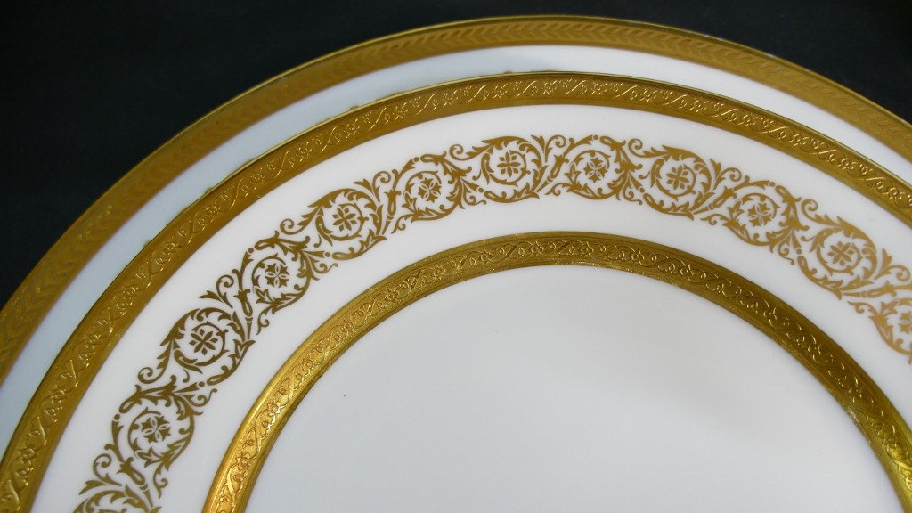 Gold Inlay, 6 Large Limoges Porcelain Table Plates-photo-4