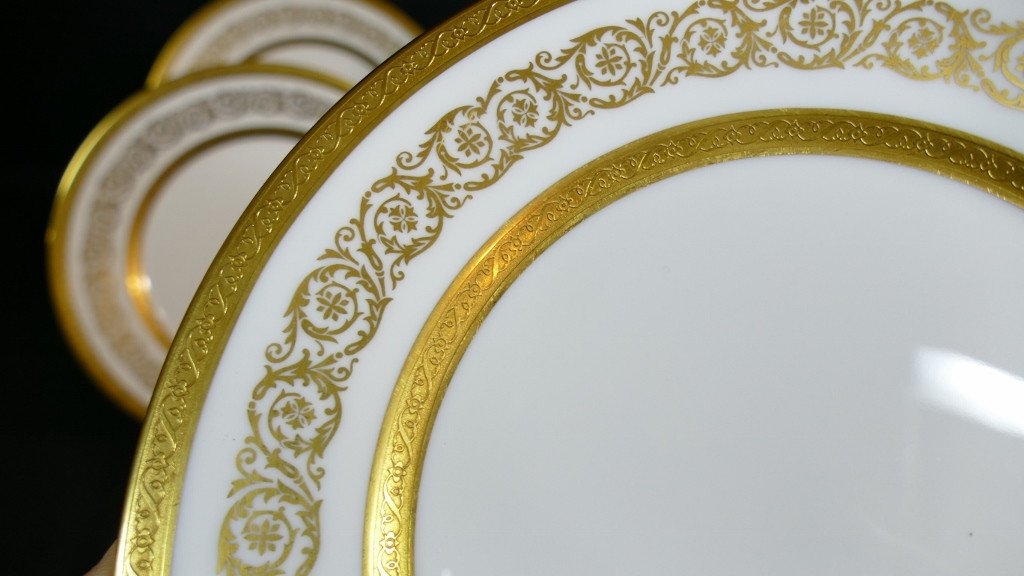 Fabergé, Gold Inlay, 6 Limoges Porcelain Dessert Plates-photo-1