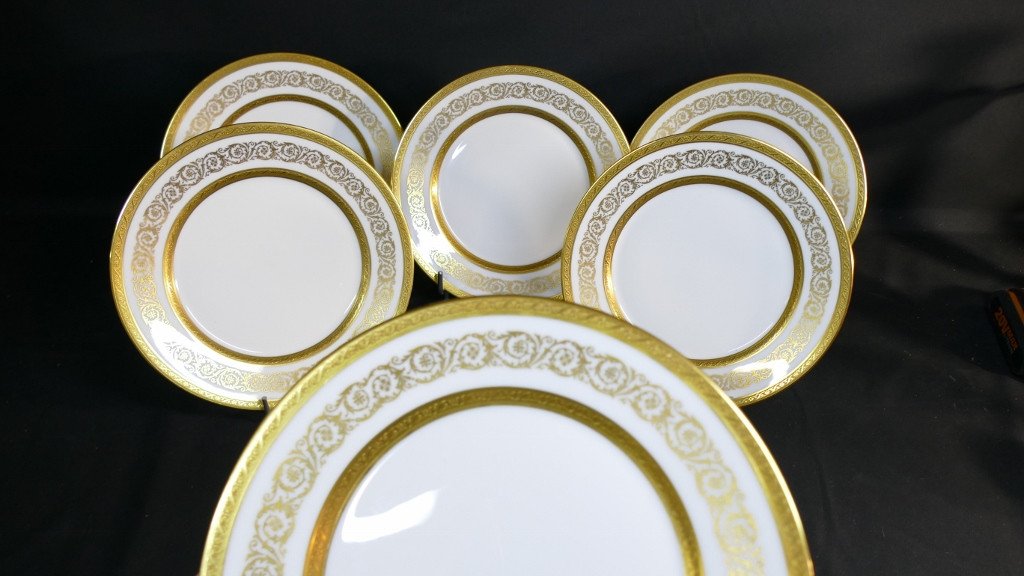 Fabergé, Gold Inlay, 6 Limoges Porcelain Dessert Plates-photo-2