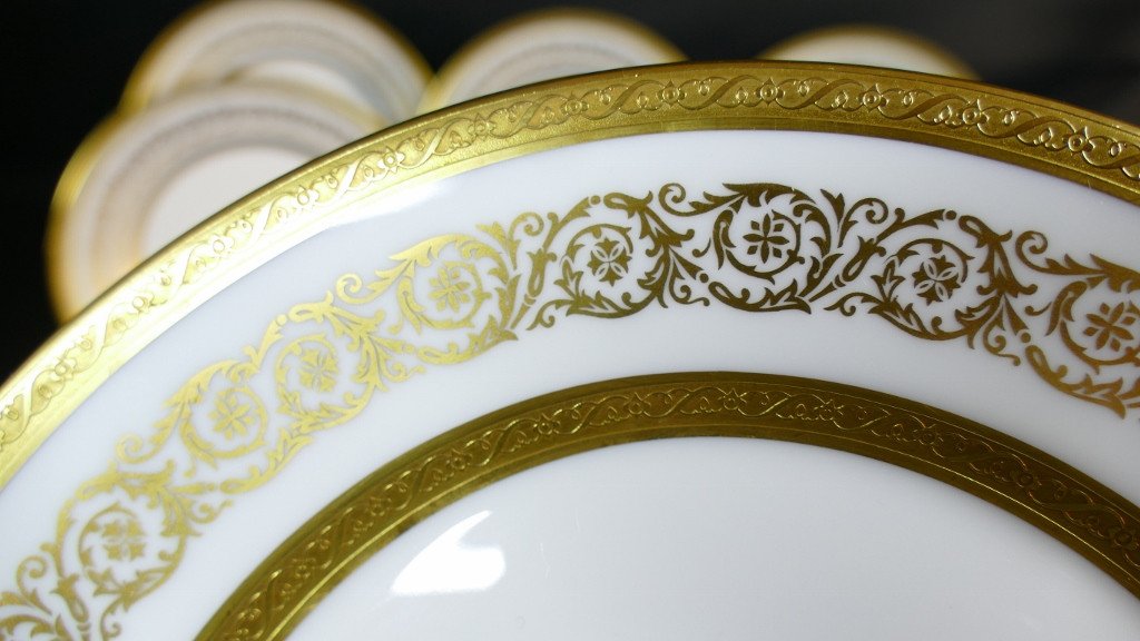 Fabergé, Gold Inlay, 6 Limoges Porcelain Dessert Plates-photo-3