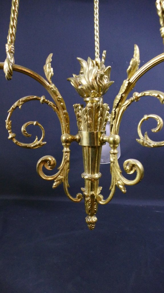 Lustre De Style Louis XVI Au Flambeau En Bronze Doré Et Verre Dépoli, Vers 1920-photo-4