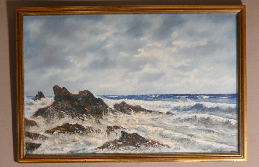 Eugène Sénamaux, Marine, Pastel Mer Déchaînée Sur Rochers, époque XX ème