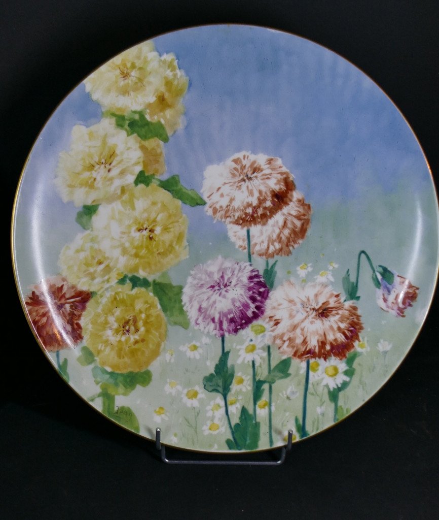 Pavots Et Roses Trémières, Paire De Grands Plats En Porcelaine De Limoges, Delinières Fin XIX -photo-3