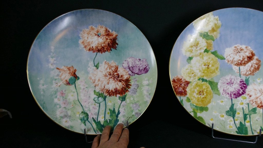 Poppies And Hollyhocks, Pair Of Large Limoges Porcelain Dishes, Delinières Late 19th Century-photo-4