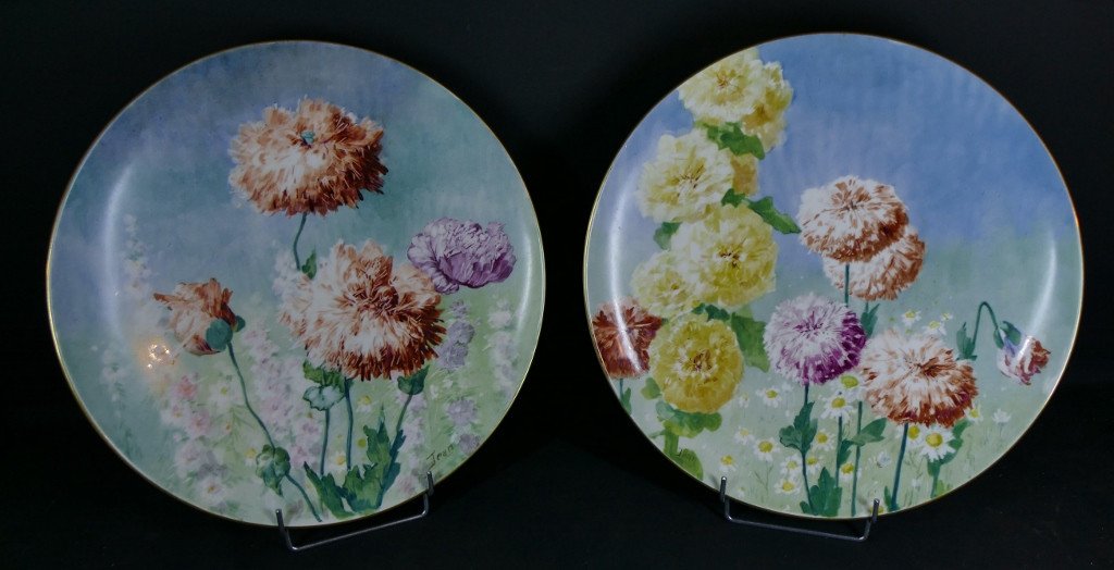 Poppies And Hollyhocks, Pair Of Large Limoges Porcelain Dishes, Delinières Late 19th Century