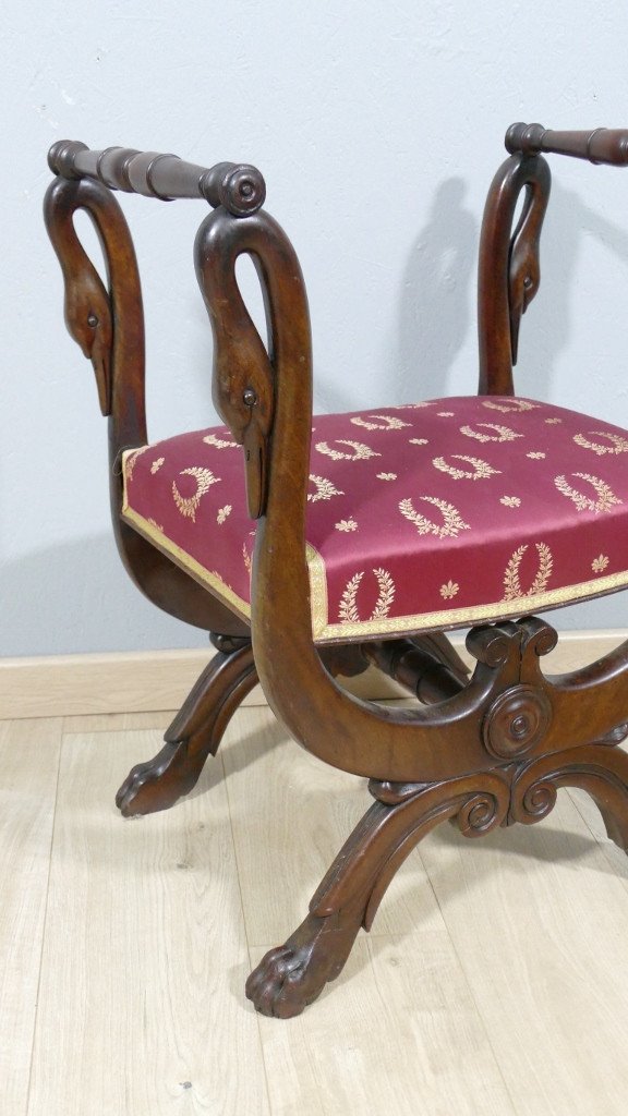 Empire Stool With Swans In Mahogany, Late 19th Century-photo-2