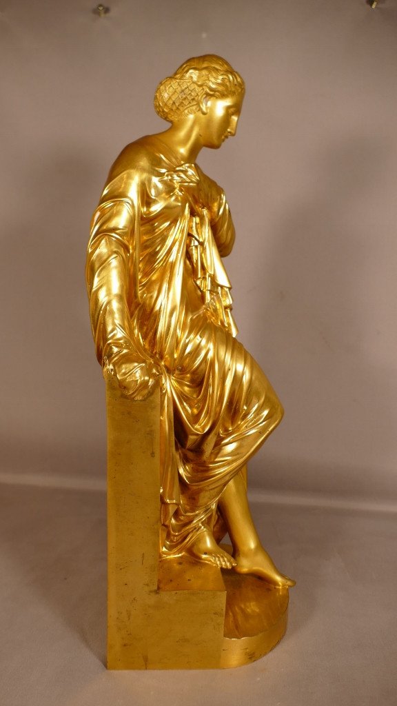 Nyssia Au Bain, Gilt Bronze Sculpture, Antique Draped Woman By Aizelin-photo-4