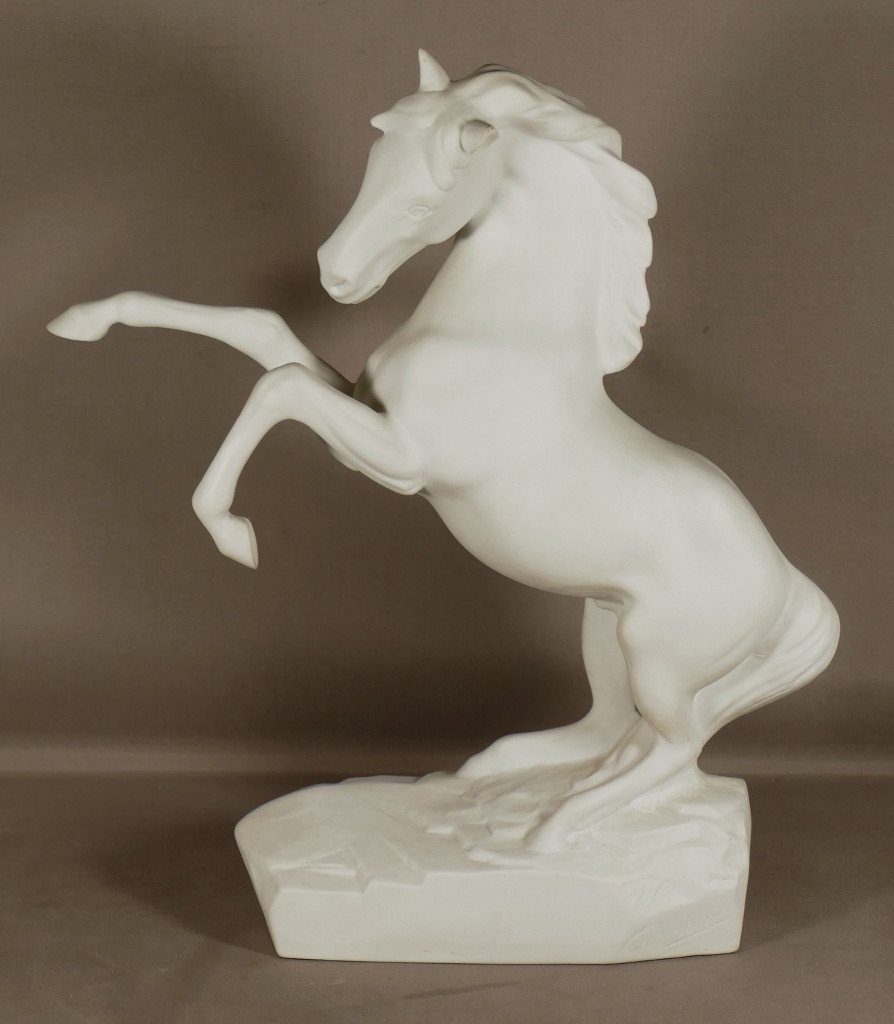 Prancing Horse In Biscuit, Limoges Tharaud Porcelain Statuette-photo-2