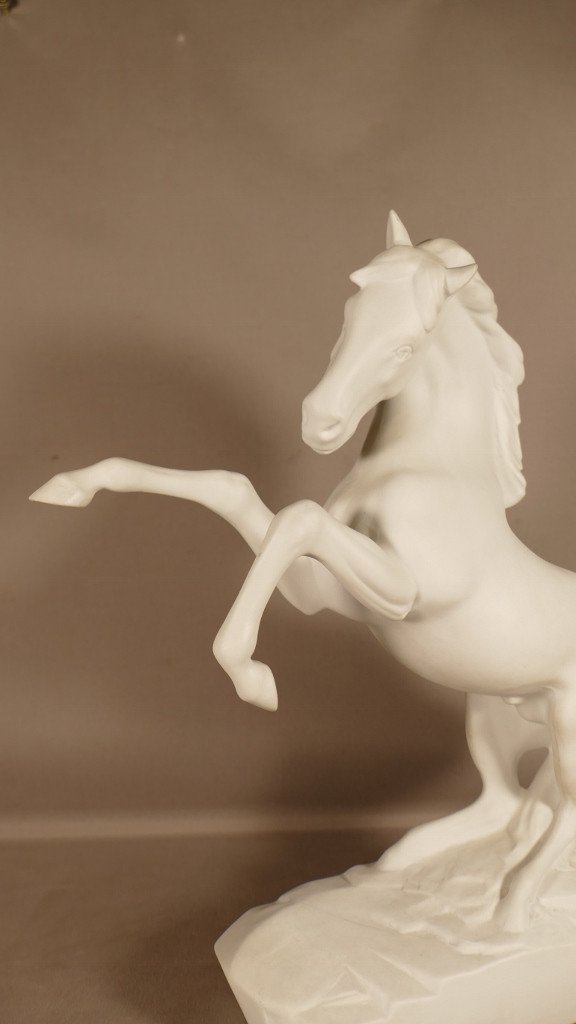Prancing Horse In Biscuit, Limoges Tharaud Porcelain Statuette-photo-1
