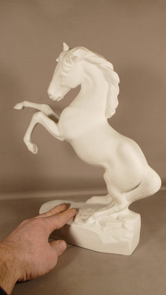 Prancing Horse In Biscuit, Limoges Tharaud Porcelain Statuette-photo-2