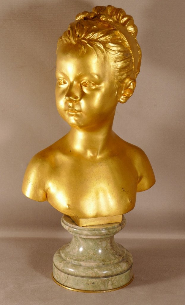 Louise Brongniart After Houdon, Gilt Bronze Bust On Marble Pedestal, 19th Century