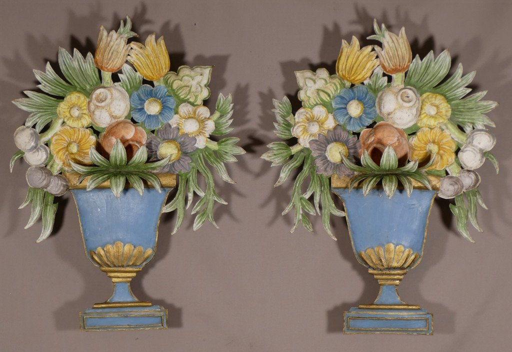 Pair Of Painted Sheet Metal Sconces With Flower Vases, Neoclassical Style, Circa 1960