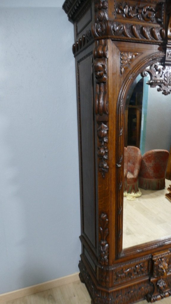 Bonnetière Mirror Cabinet Gothic Renaissance Style In Carved Oak, 19th Century-photo-3