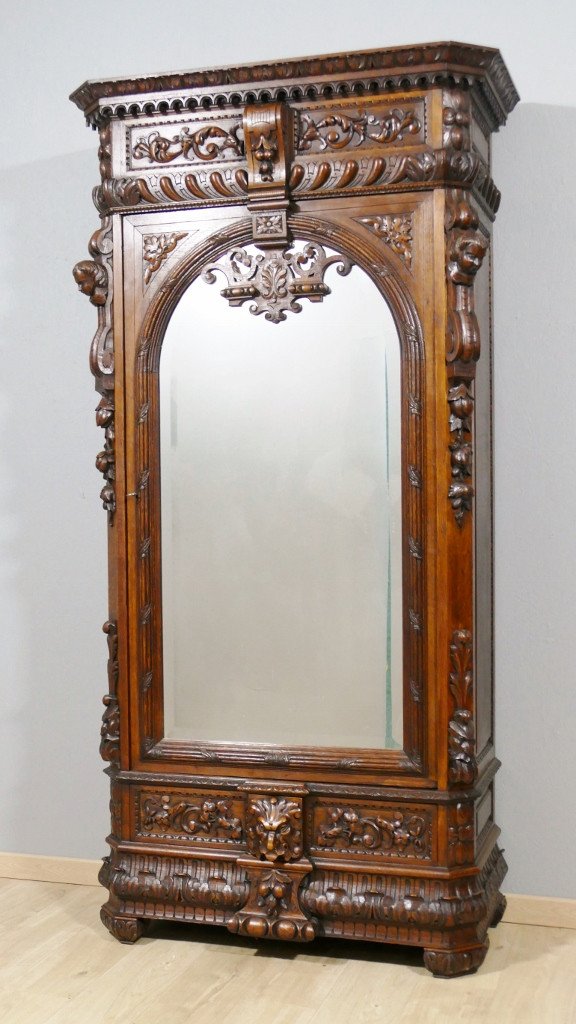 Bonnetière Mirror Cabinet Gothic Renaissance Style In Carved Oak, 19th Century