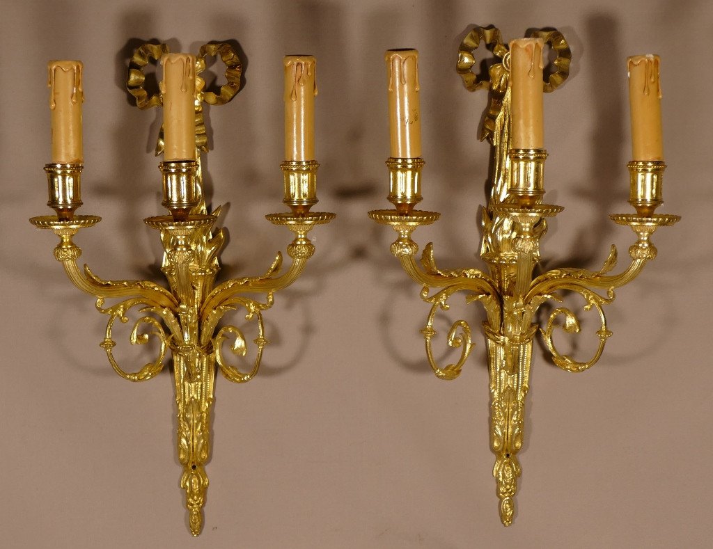 Pair Of Louis XVI Sconces In Gilt Bronze With Torches And Knots, Late 19th Century-photo-2
