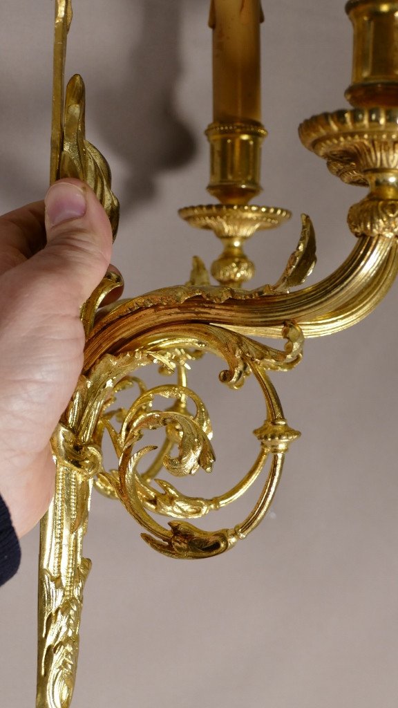 Pair Of Louis XVI Sconces In Gilt Bronze With Torches And Knots, Late 19th Century-photo-3