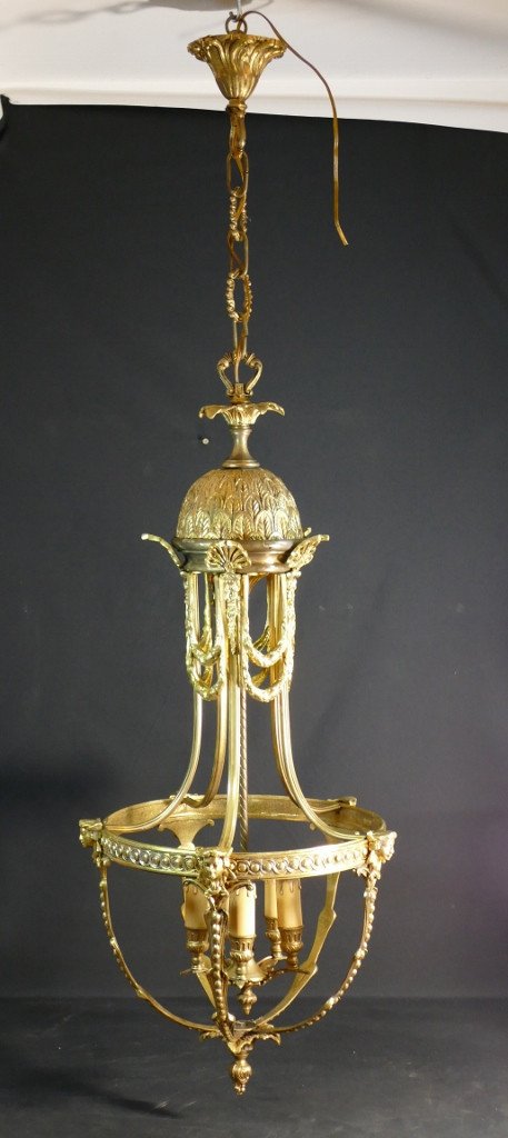 Louis XVI Style Lantern Chandelier In Gilt Bronze, Circa 1970-1980-photo-2