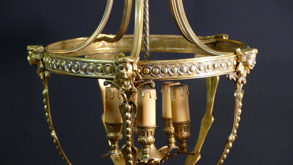 Louis XVI Style Lantern Chandelier In Gilt Bronze, Circa 1970-1980-photo-1