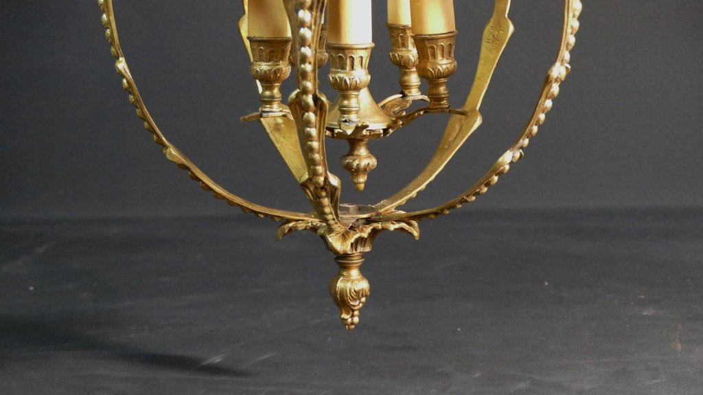 Louis XVI Style Lantern Chandelier In Gilt Bronze, Circa 1970-1980-photo-2