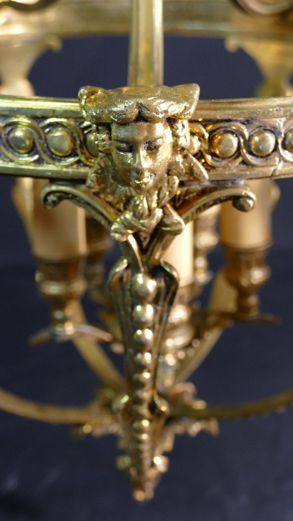 Louis XVI Style Lantern Chandelier In Gilt Bronze, Circa 1970-1980-photo-3