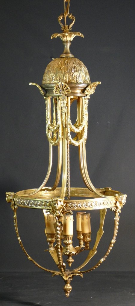 Louis XVI Style Lantern Chandelier In Gilt Bronze, Circa 1970-1980