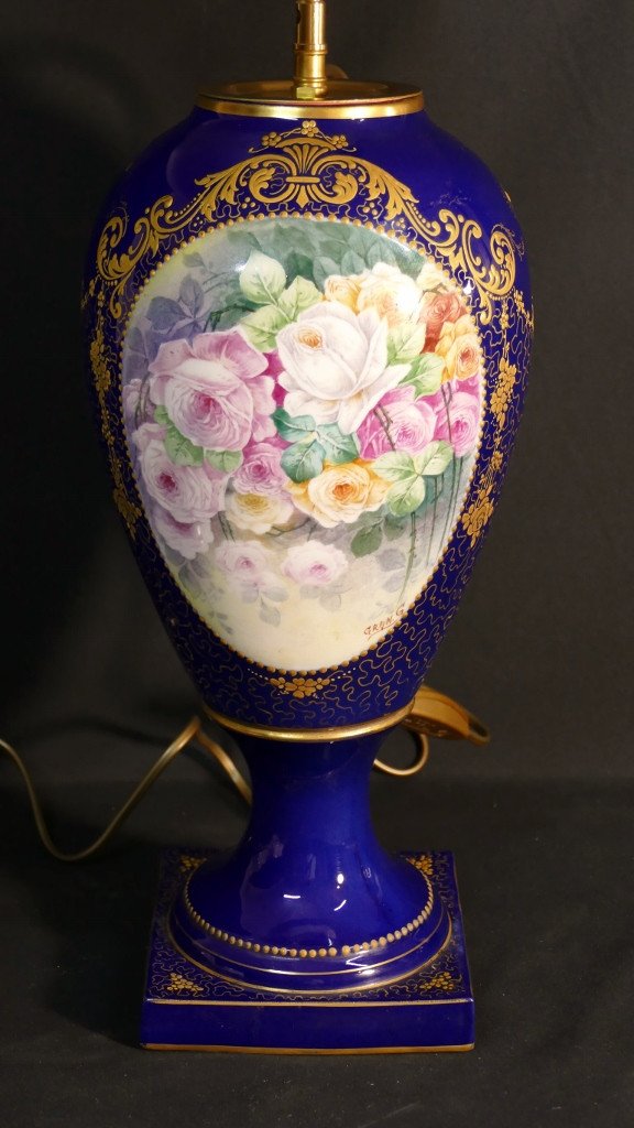 Decor With Hand-painted Roses, Limoges Porcelain Lamp, Mid-20th Century-photo-2