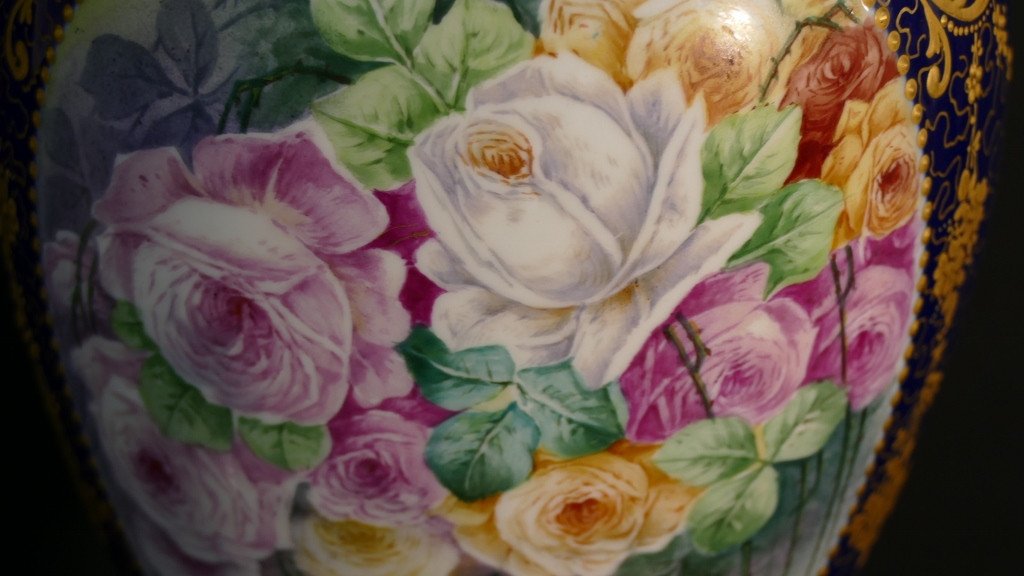 Decor With Hand-painted Roses, Limoges Porcelain Lamp, Mid-20th Century-photo-5