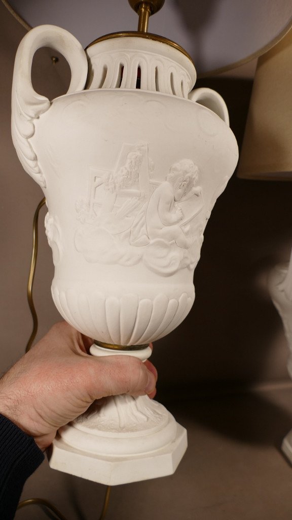 d'Après Clodion, Paire De Lampes Cassolettes En Biscuit De Porcelaine, Samson Sèvres XIX ème-photo-7