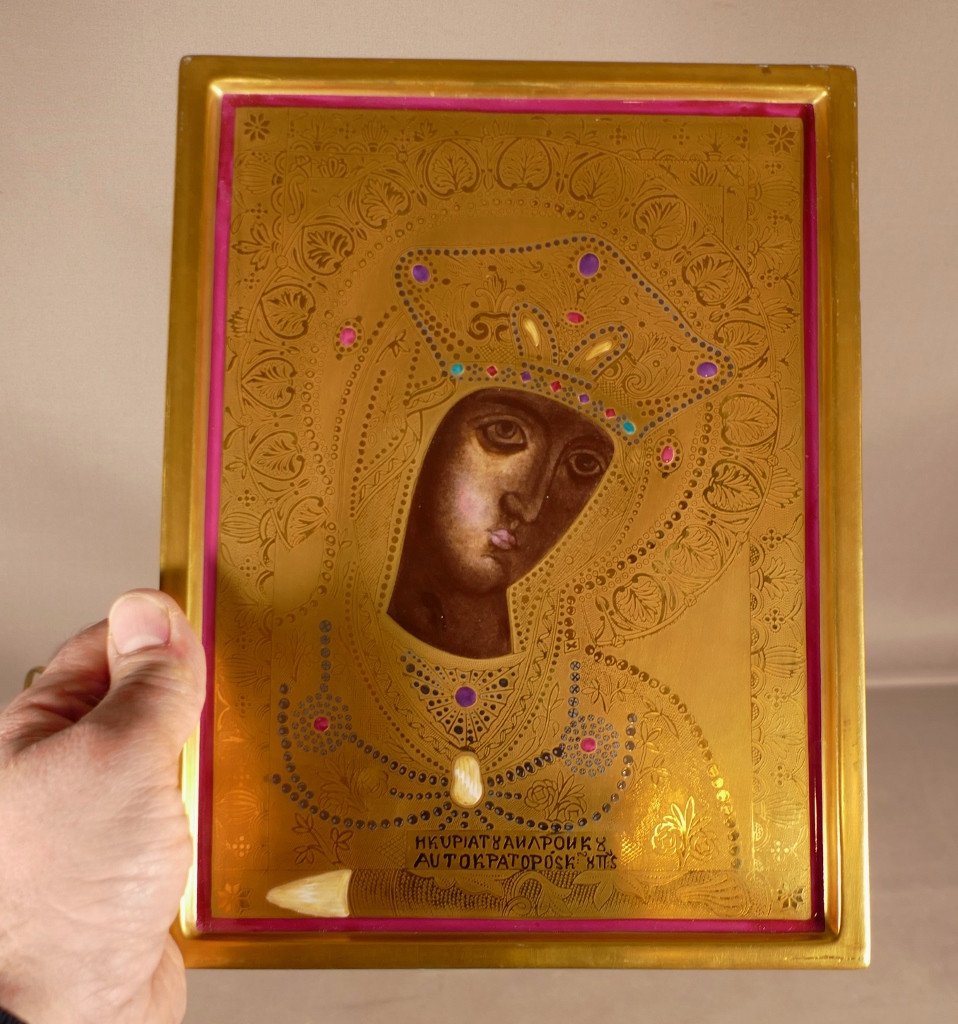 Icon Of The Black Madonna In Limoges Raynaud Porcelain In Gold Inlay-photo-1