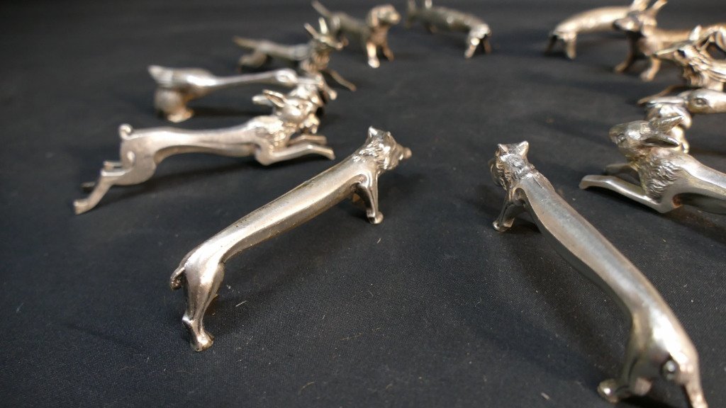 12 Animal Knife Holders Art Deco Period, Silver Metal-photo-3