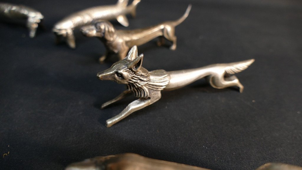 12 Animal Knife Holders Art Deco Period, Silver Metal-photo-2