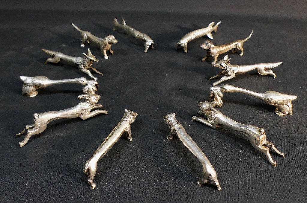 12 Animal Knife Holders Art Deco Period, Silver Metal