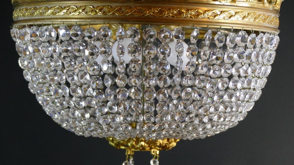 Napoleon III Style Basket Ceiling Chandelier In Bronze And Crystal, Late 19th Century-photo-3