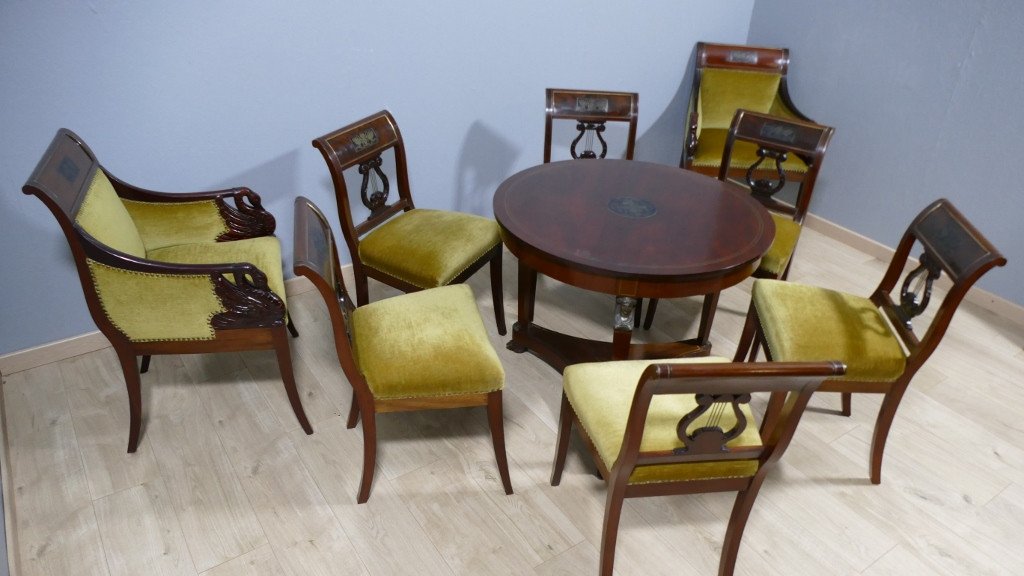 Empire Style Anteroom Living Room, 2 Swan Armchairs, 6 Lyre Chairs And Pedestal Table, Late 19th Century-photo-3