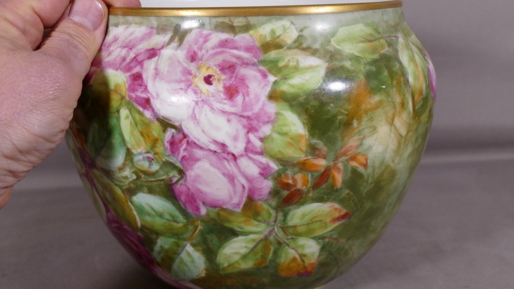 The Roses, Hand Painted Limoges Porcelain Cache Pot Late 19th Century-photo-2