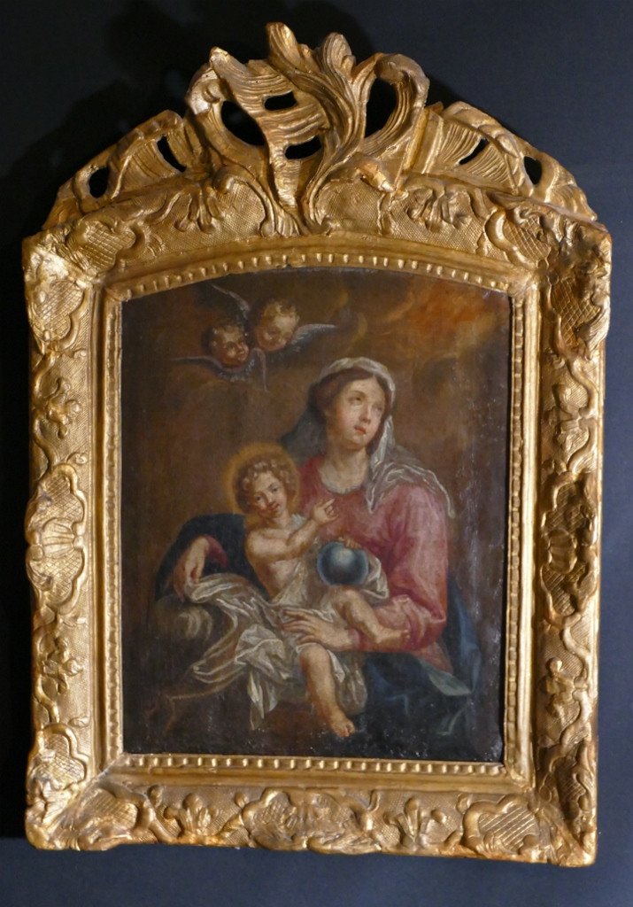 Virgin And Child Oil On Canvas And Its Frame In Carved Golden Wood Late 17th Century-photo-2