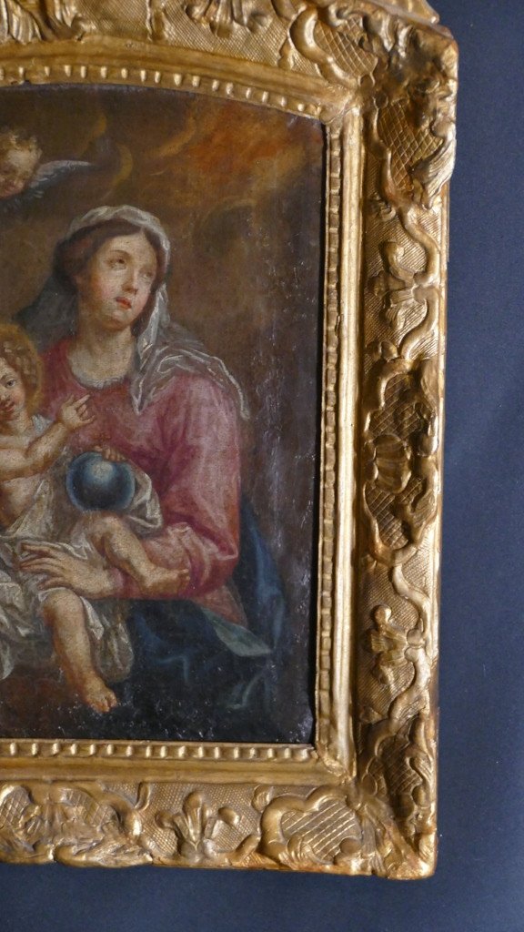Virgin And Child Oil On Canvas And Its Frame In Carved Golden Wood Late 17th Century-photo-4