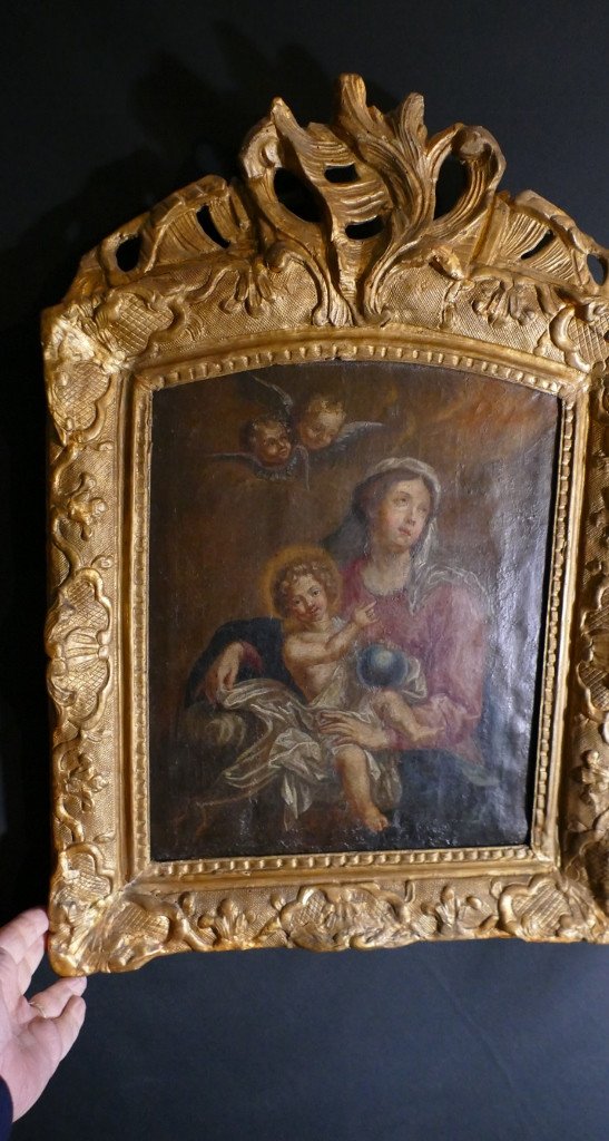 Virgin And Child Oil On Canvas And Its Frame In Carved Golden Wood Late 17th Century-photo-4
