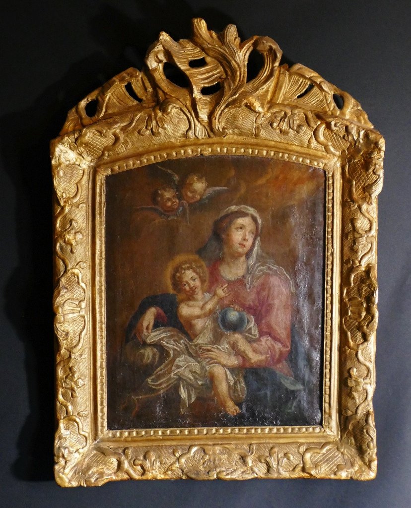 Virgin And Child Oil On Canvas And Its Frame In Carved Golden Wood Late 17th Century