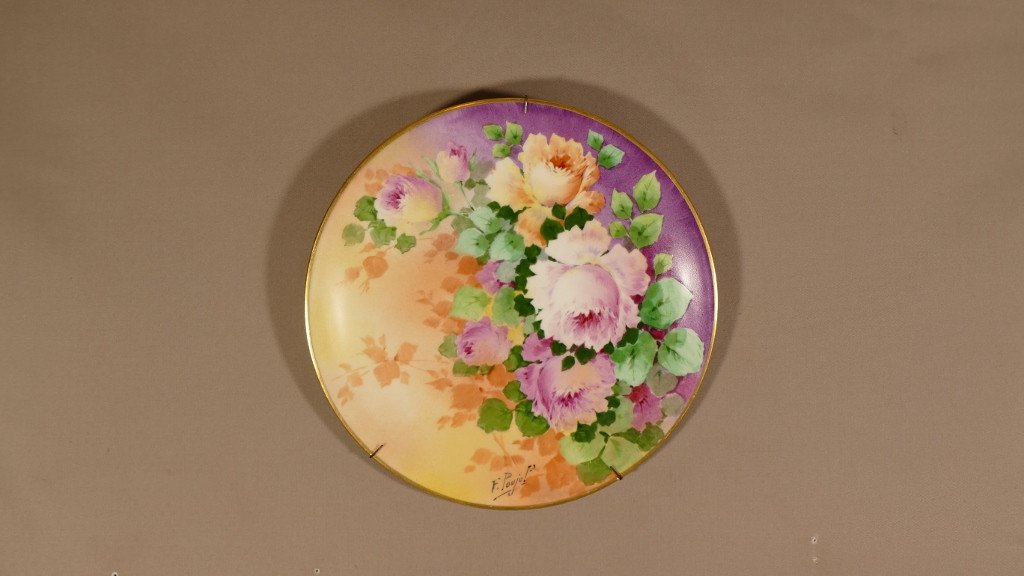 Les Roses, Hand Painted Plate By F Poujol In Limoges Porcelain-photo-3