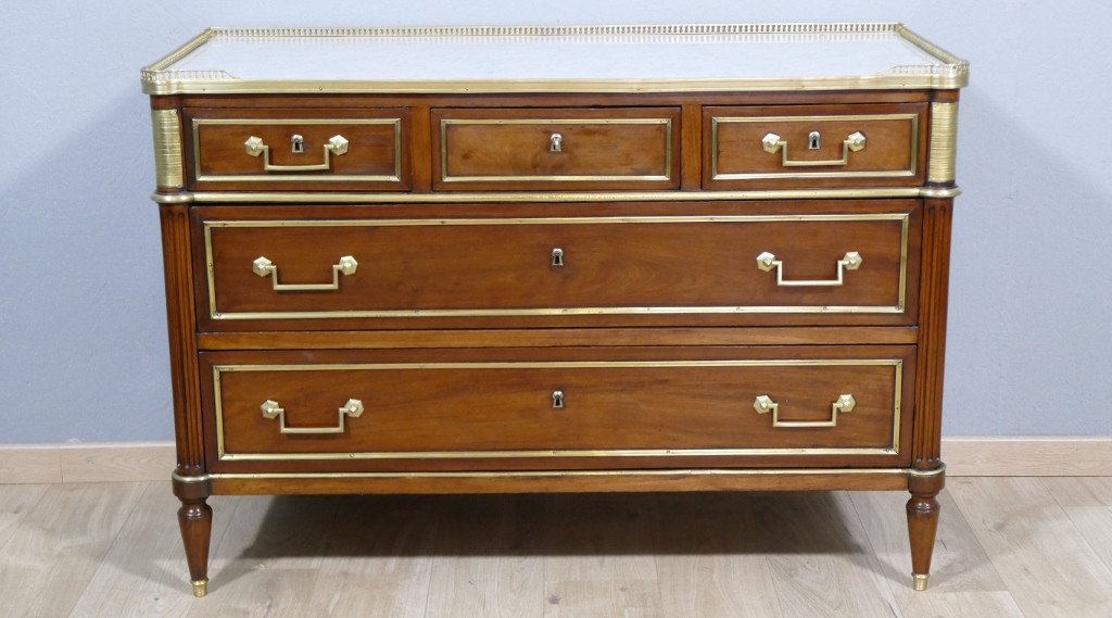 Louis XVI Commode With Gallery In Mahogany, Brass And White Marble, 18th Century-photo-6