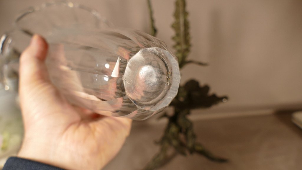 Baccarat 19th Century, Very Large Cornet Vase In Crystal And Bronze With Acanthus And Gunnera-photo-4