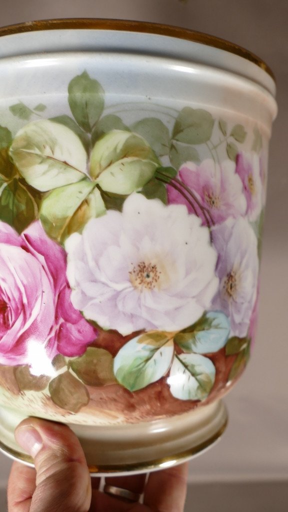 Cache Pot Aux Roses Peintes à La Main, Porcelaine De Limoges Vers 1960-photo-4