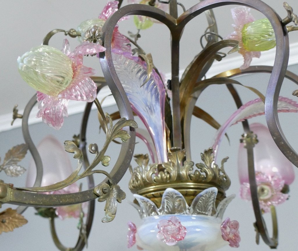 Murano, Grand Lustre à 6 Branches En Laiton Et Fleurs De Verre, époque 1980-photo-4