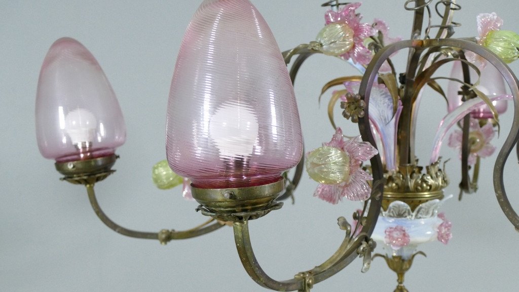 Murano, Grand Lustre à 6 Branches En Laiton Et Fleurs De Verre, époque 1980-photo-2