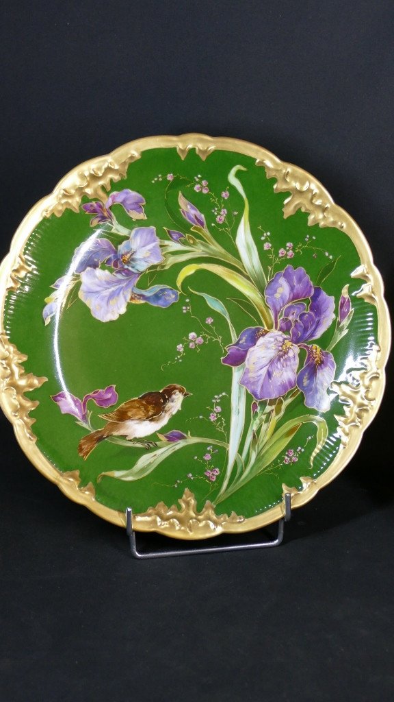 Pair Of Dishes With Irises And Birds, Limoges Porcelain, Late 19th Century-photo-2