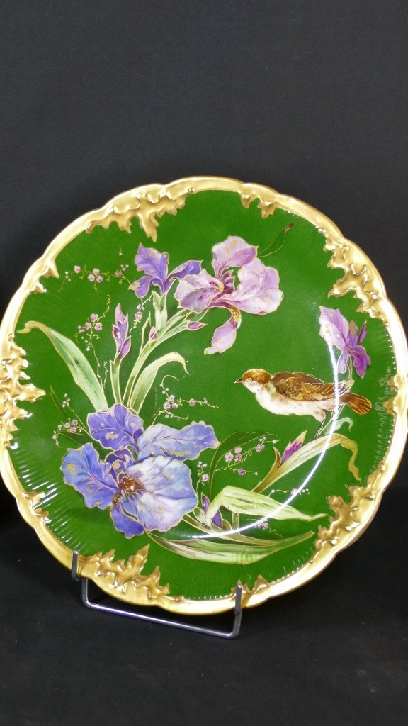 Pair Of Dishes With Irises And Birds, Limoges Porcelain, Late 19th Century-photo-3