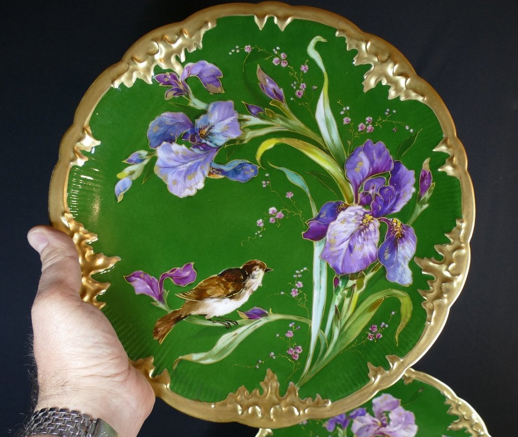 Pair Of Dishes With Irises And Birds, Limoges Porcelain, Late 19th Century-photo-4